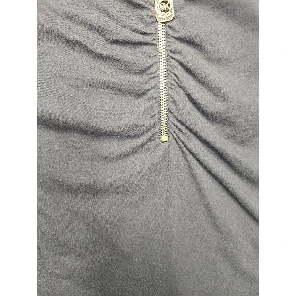 Michael Kors Womens Black Long Sleeve Ruched V-Neck Gold Zip Front Top